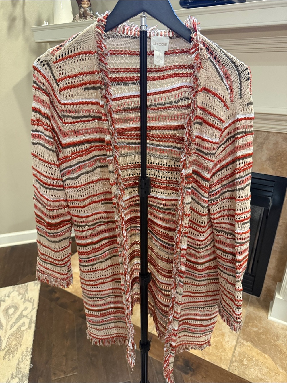Chico's Open-Front Striped Fringe Cardigan in Cream, Rust & Gray